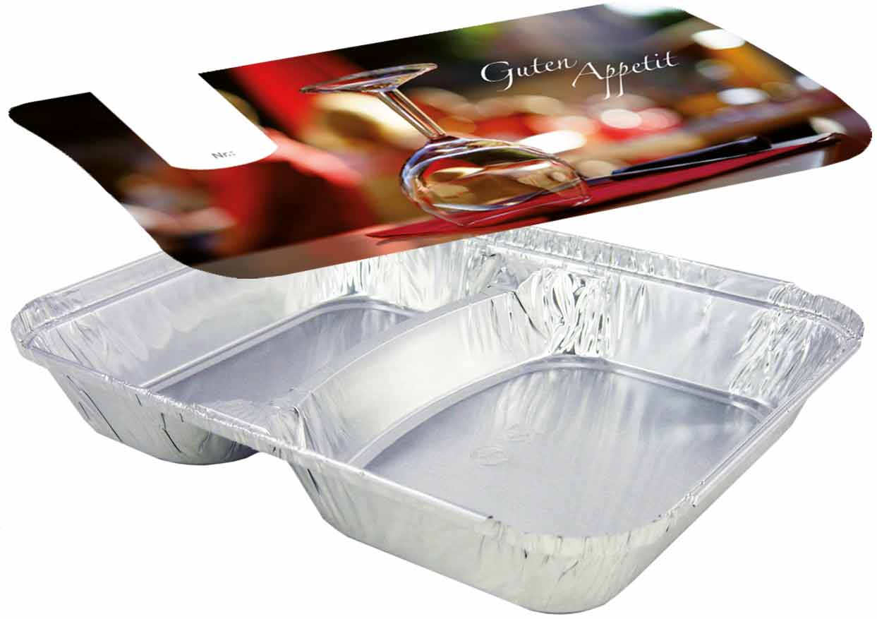 Menüschale Aluschale R80-812L, 2-geteilt, flach, mit Motivdeckel "Gourmet", 100 Stück/Packung Menüschale Aluschale R80-812L, 2-geteilt, flach, mit Motivdeckel "Gourmet", 100 Stück/Packung