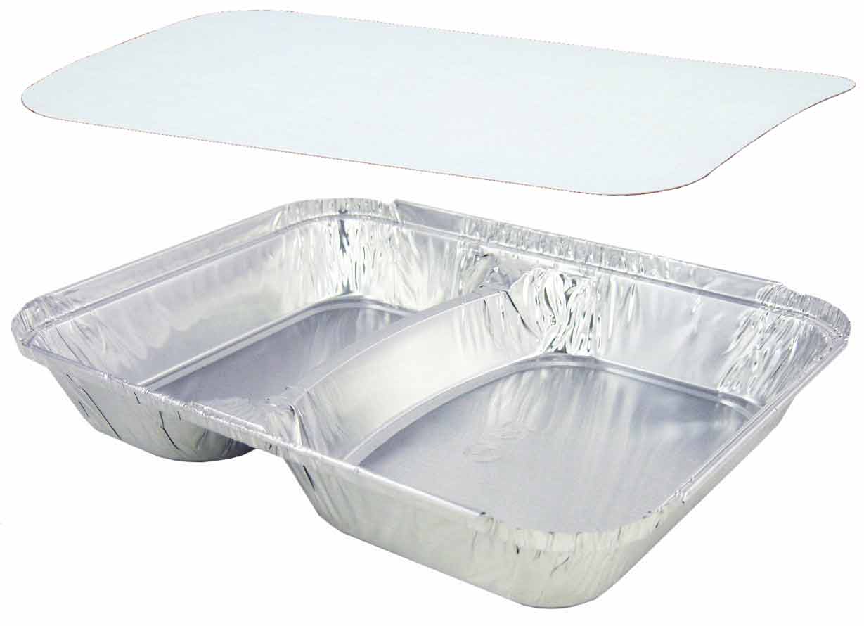 Alu-Menüschale R80-812L, 2-geteilt, flach, mit Deckel, 100 Stück/Packung Alu-Menüschale R80-812L, 2-geteilt, flach, mit Deckel, 100 Stück/Packung