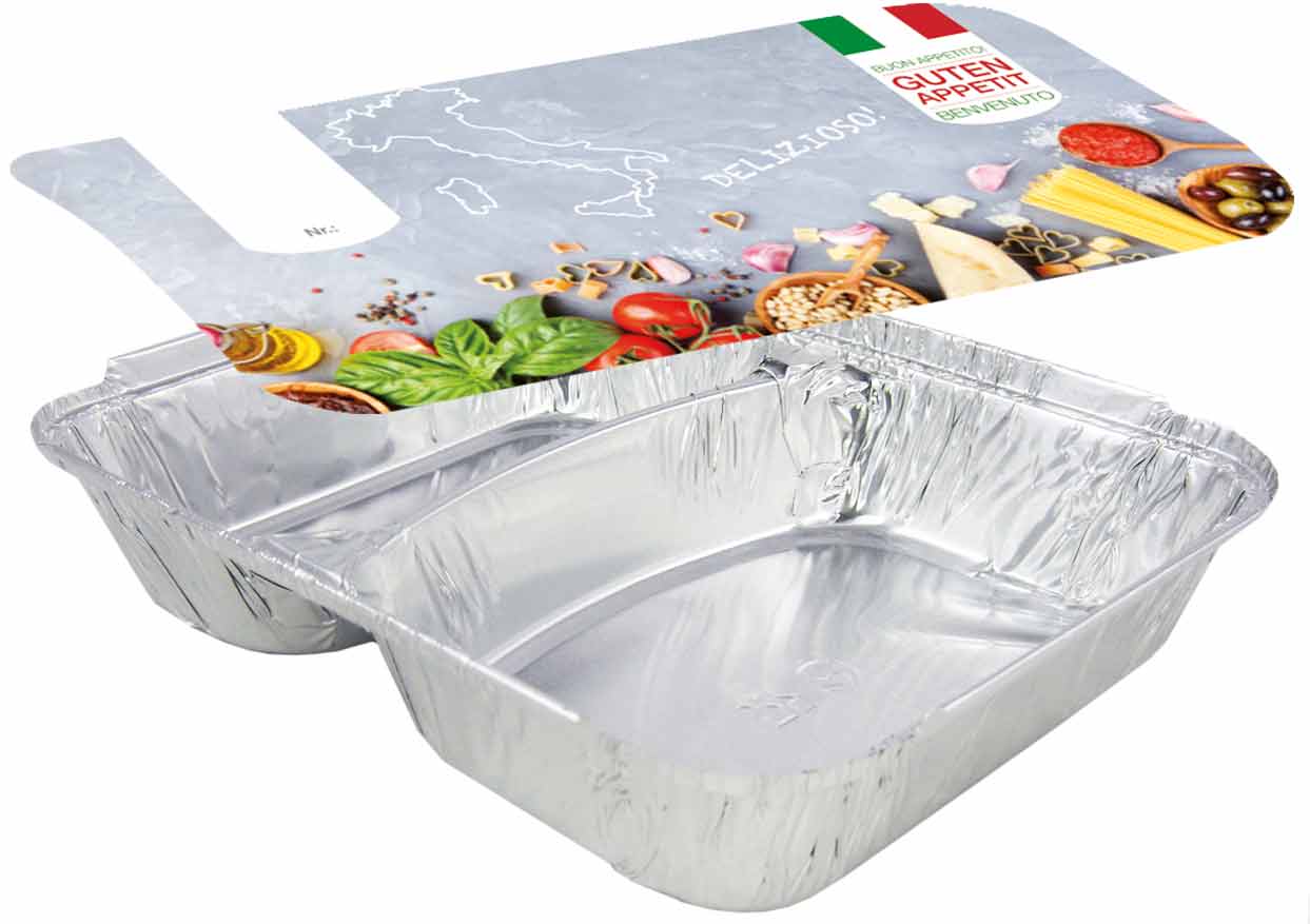 Menüschale Aluschale R808-1020L, 2-geteilt, tief, mit Motivdeckel "Italia", 800 Stück/Karton Menüschale Aluschale R808-1020L, 2-geteilt, tief, mit Motivdeckel "Italia", 800 Stück/Karton