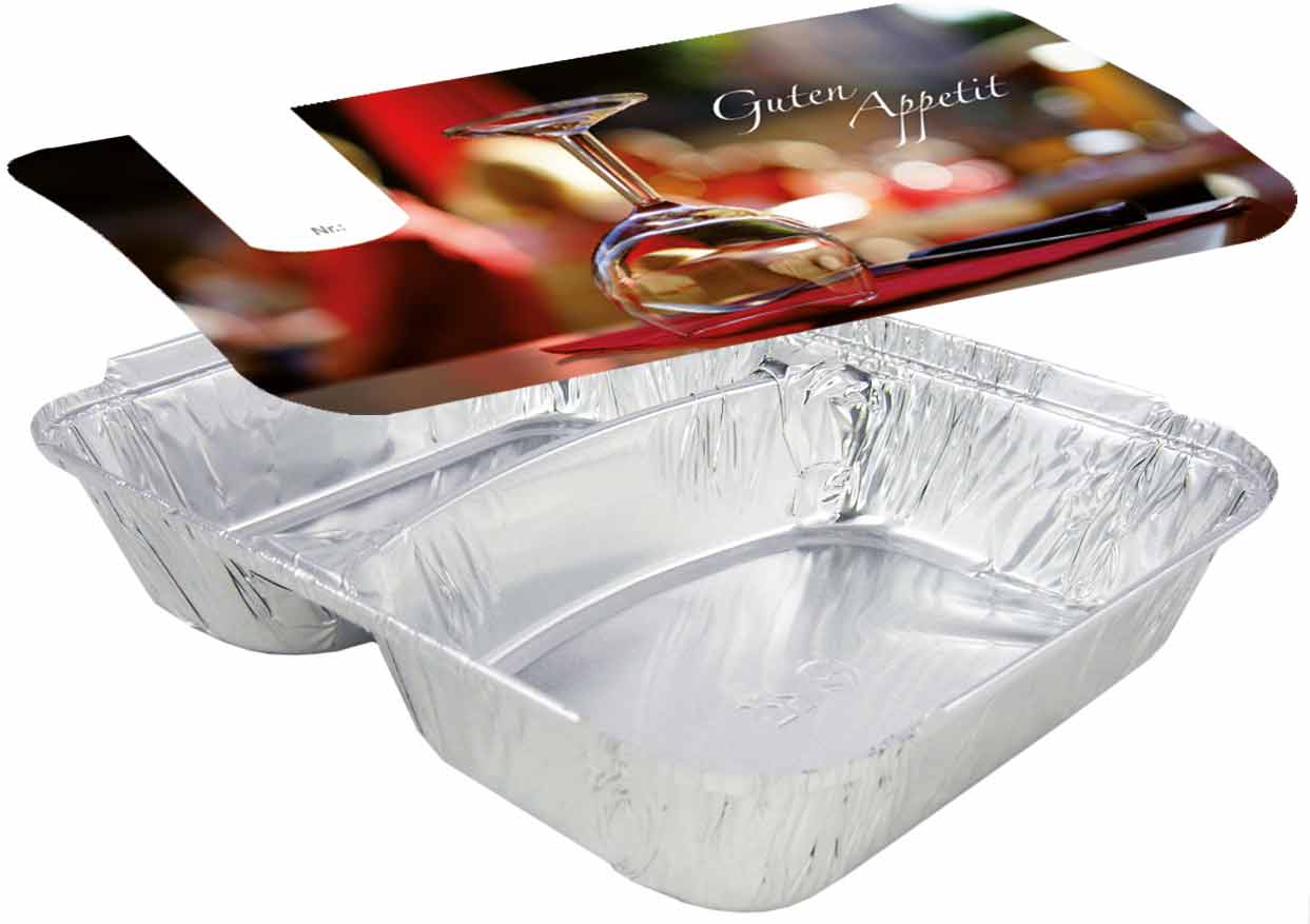 Menüschale Aluschale R808-1020L, 2-geteilt, tief, mit Motivdeckel "Gourmet", 800 Stück/Karton Menüschale Aluschale R808-1020L, 2-geteilt, tief, mit Motivdeckel "Gourmet", 800 Stück/Karton