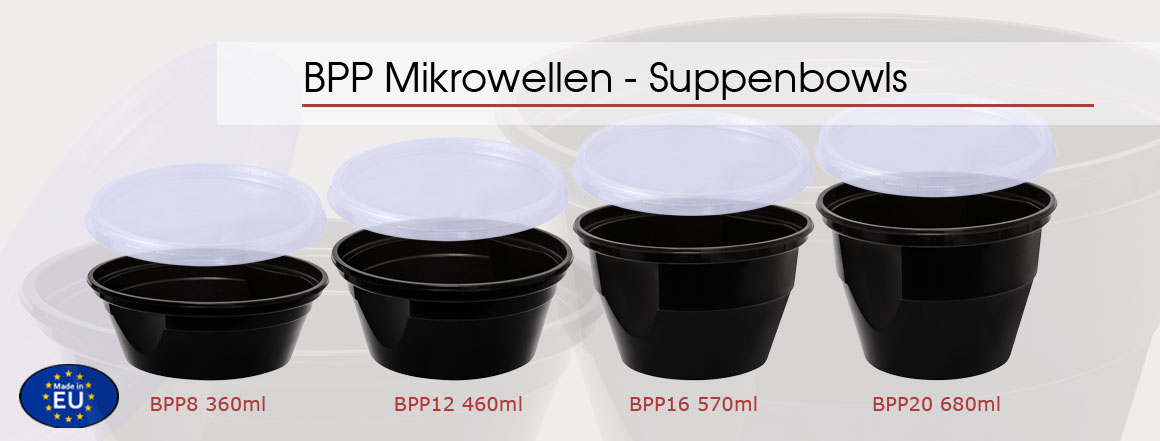 MEHRWEG Mikrowellen Soßen- oder Suppenbowl black PP8, 300/360ml mit klarem Deckel 450 Stück / Karton