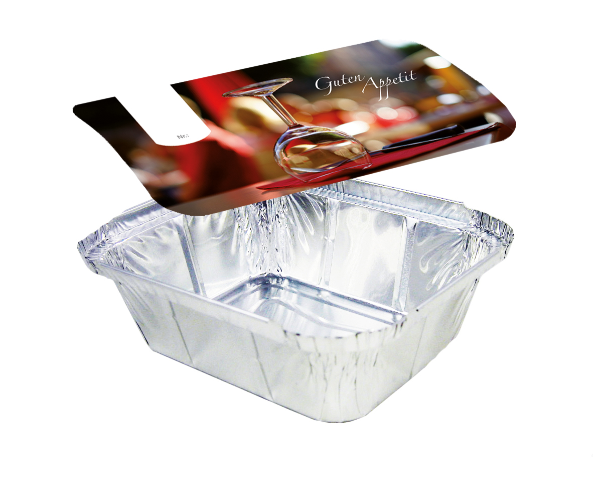 Aluschale R28-450L mit Motivdeckel "Gourmet", 100 Stück/Packung Aluschale R28-450L mit Motivdeckel "Gourmet", 100 Stück/Packung