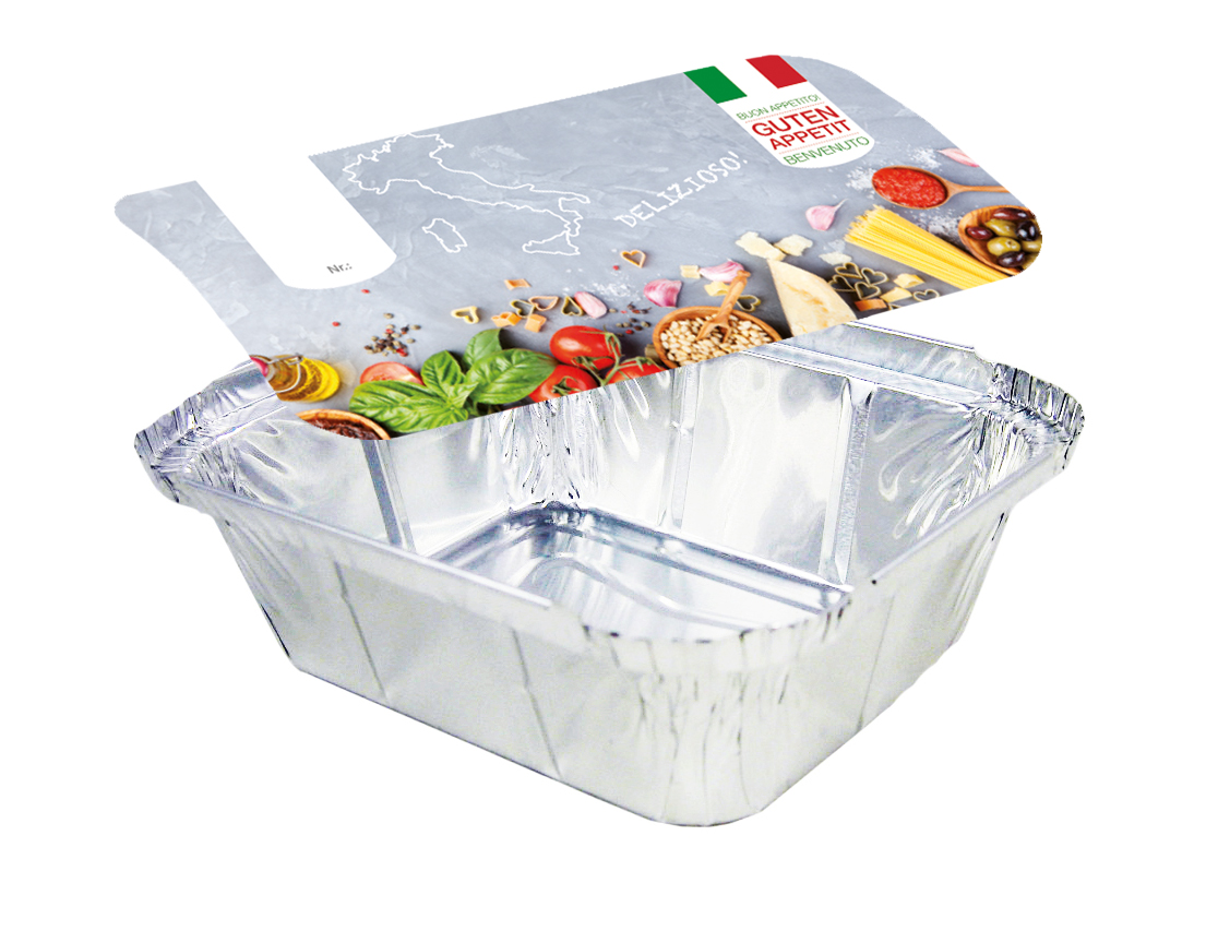 Aluschale R28-450L mit Motivdeckel "Italia", 100 Stück/Packung Aluschale R28-450L mit Motivdeckel "Italia", 100 Stück/Packung