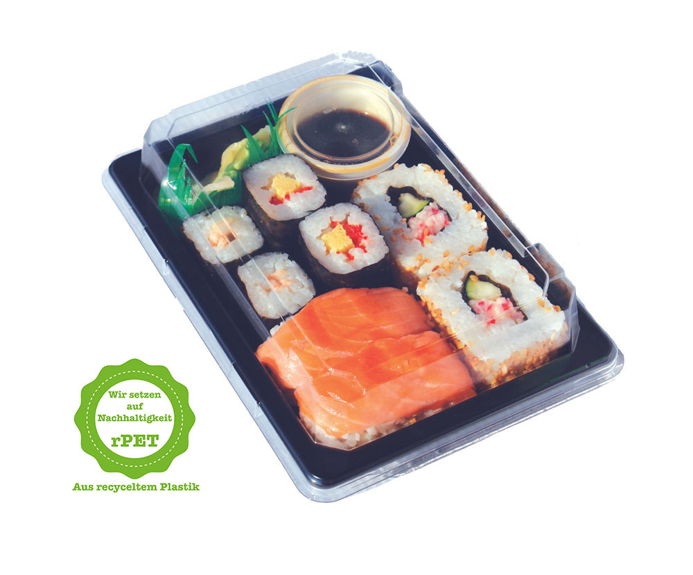 rPET Sushi-Schalen "T20"/215, Komplett SET, 166x115x20 mm, 300 Stück/Karton