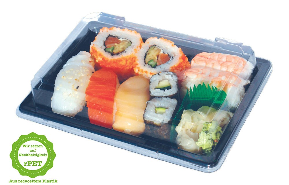 rPET Sushi-Schalen "T30"/216, Komplett SET, 185x129x20 mm, 225 Stück/Karton