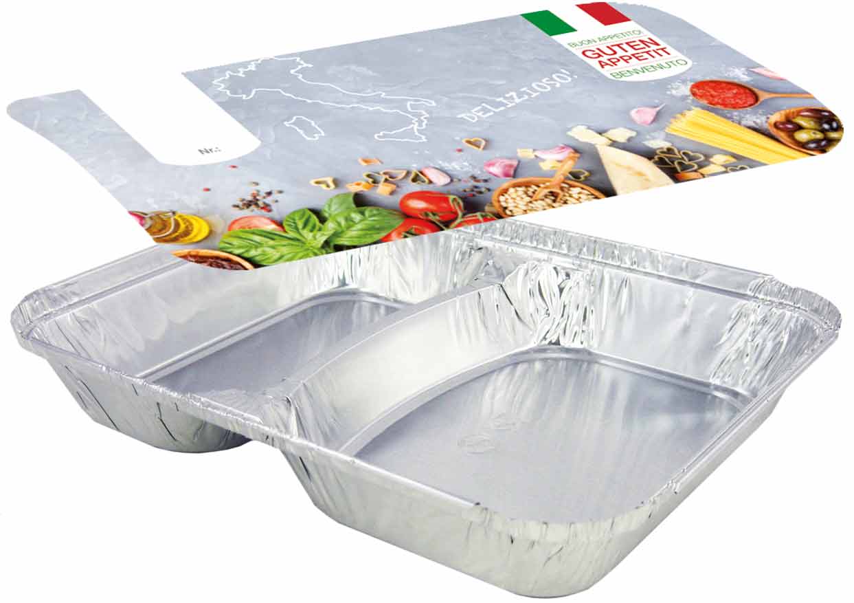 Menüschale Aluschale R80-812L, 2-geteilt, flach, mit Motivdeckel "Italia", 100 Stück/Packung Menüschale Aluschale R80-812L, 2-geteilt, flach, mit Motivdeckel "Italia", 100 Stück/Packung