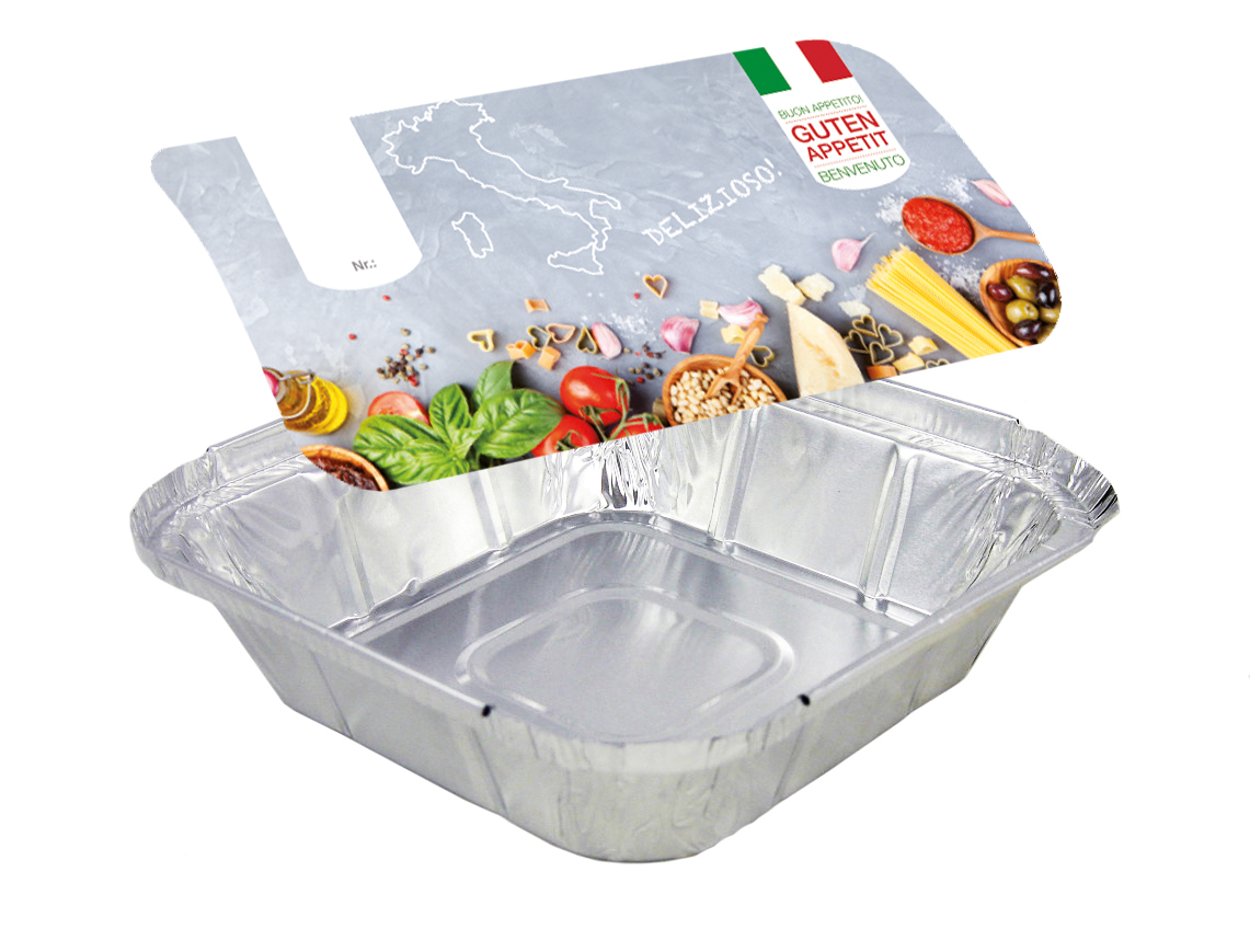 Aluschale R25-560L mit Motivdeckel "Italia", 100 Stück/Packung Aluschale R25-560L mit Motivdeckel "Italia", 100 Stück/Packung