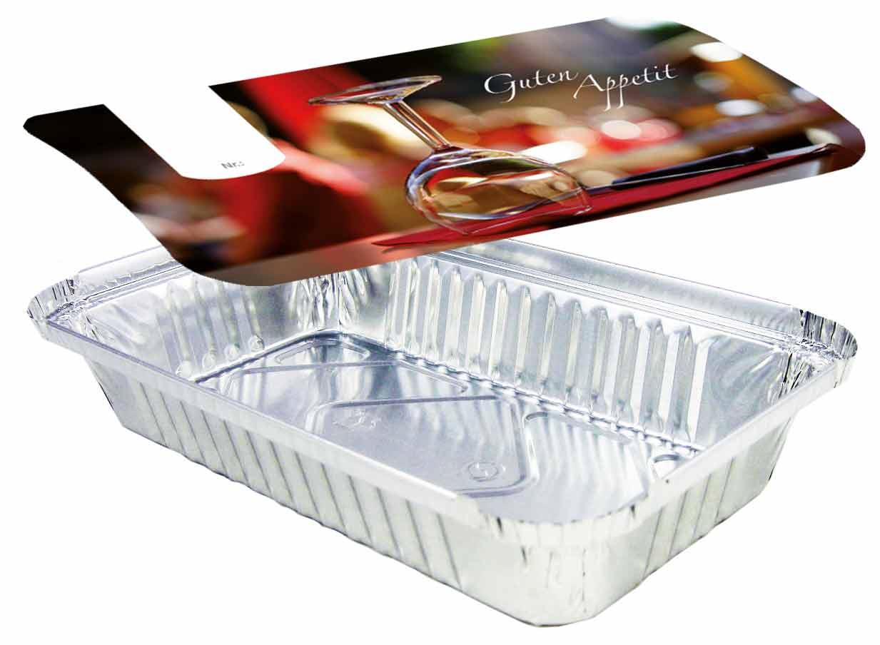 Aluschale R65-650L mit Motivdeckel "Gourmet", 100 Stück/Packung Aluschale R65-650L mit Motivdeckel "Gourmet", 100 Stück/Packung