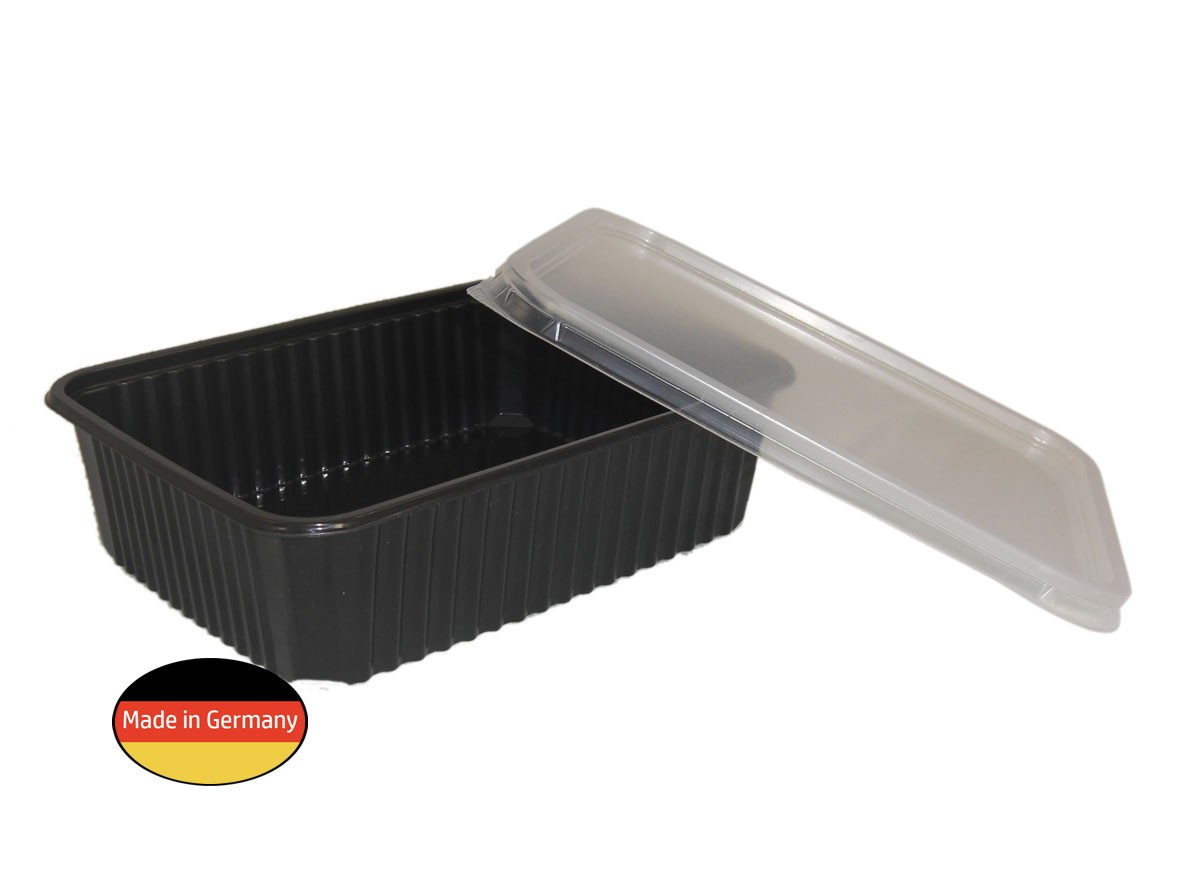 MEHRWEG Mikrowellen-Uni-Allzweck-Box, 750ml, schwarz mit klarem Deckel, 180x133x48mm, 300 Stück/Karton