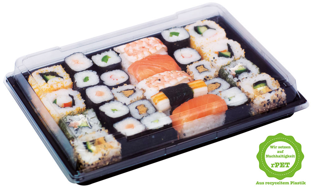 rPET Sushi-Schalen "T50"/218, Komplett SET, 255x185x20 mm, 200 Stück/Karton