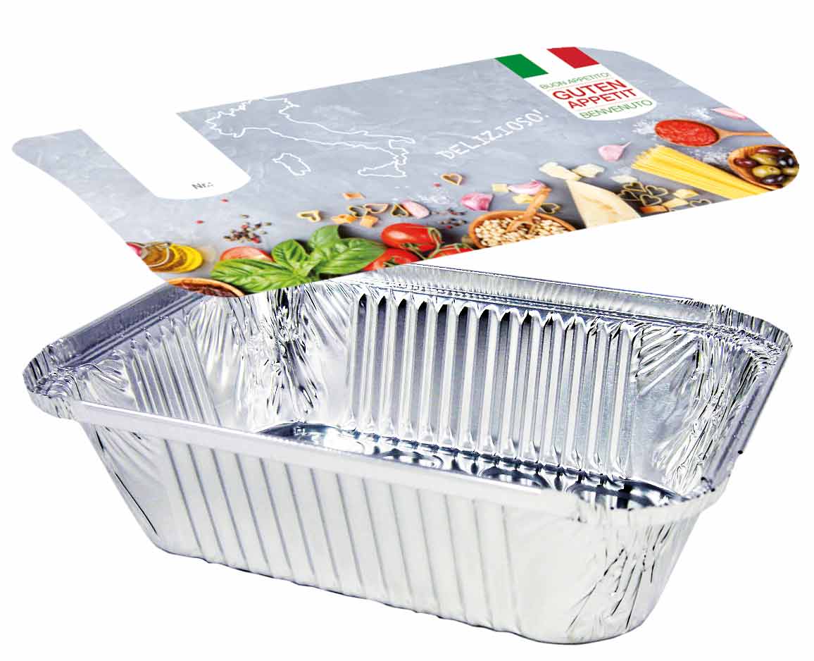 Aluschale R45-935L mit Motivdeckel "Italia", 100 Stück/Packung Aluschale R45-935L mit Motivdeckel "Italia", 100 Stück/Packung